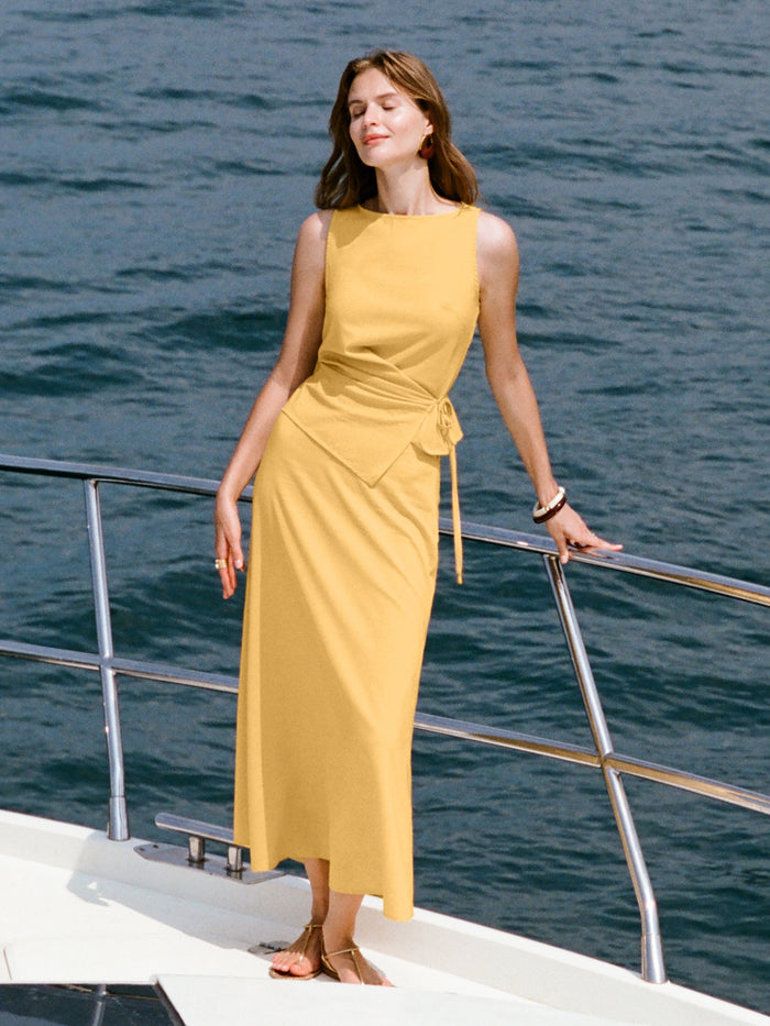 2Pcs Set Boatneck Waist-Defined Top & Maxi Flared Pull-On Skirt
