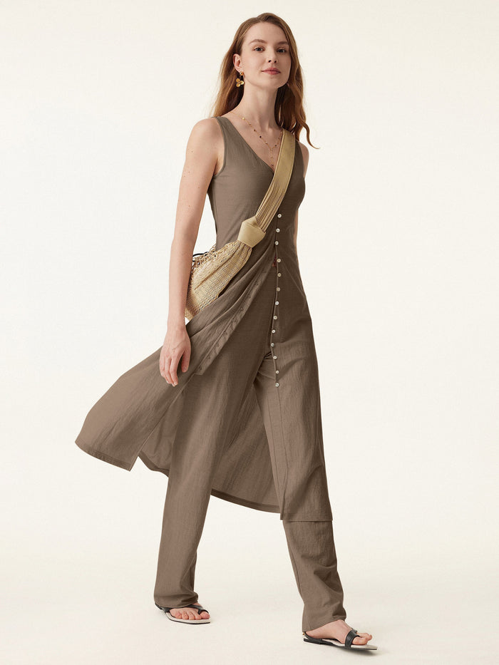 2Pcs Set V-neck Button Front Midi Vest Dress & Mid Rise Straight Leg Pant