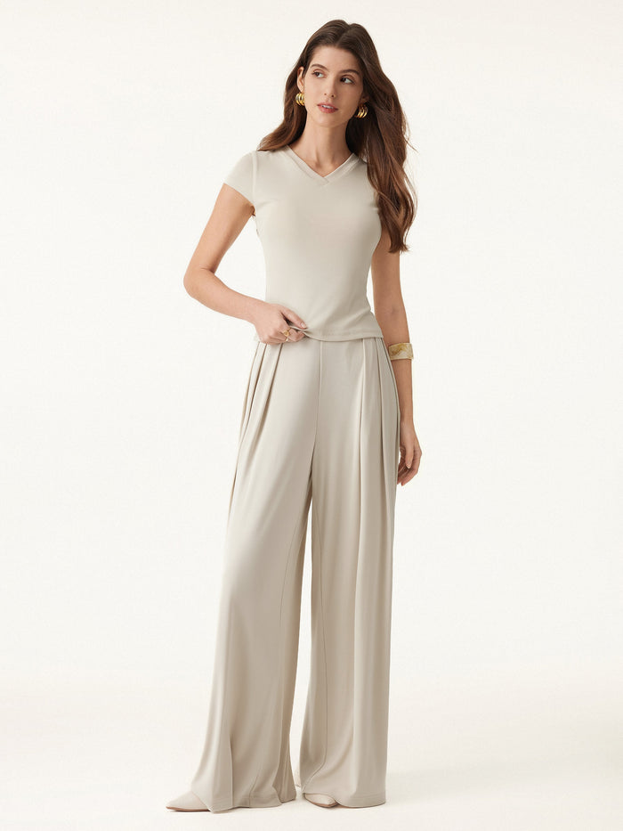 Mid Rise Pleated Wide Leg Palazzo Pants with Pockets