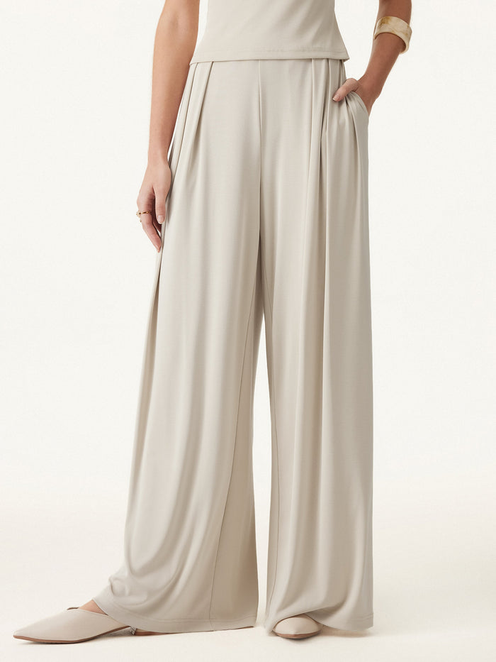 Mid Rise Pleated Wide Leg Palazzo Pants with Pockets