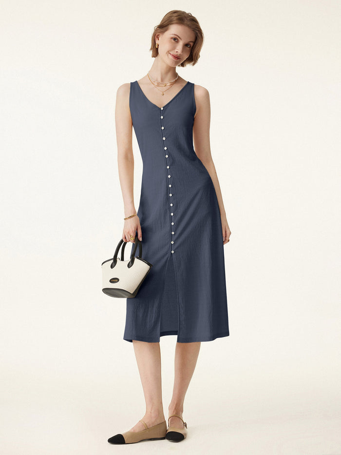 2Pcs Set V-neck Button Front Midi Vest Dress & Mid Rise Straight Leg Pant