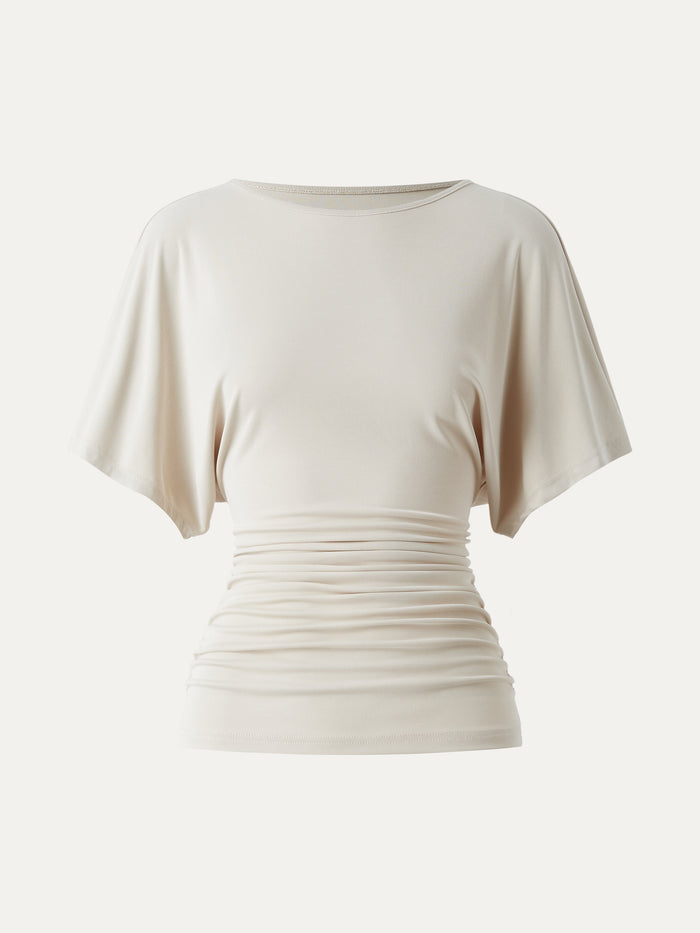 Effortless Boatneck Batwing Sleeve Side Ruched Top