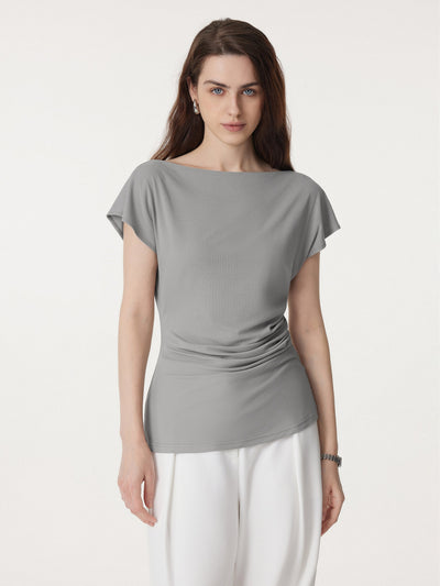 Boatneck Flutter Sleeve Side Tucked Long Tee