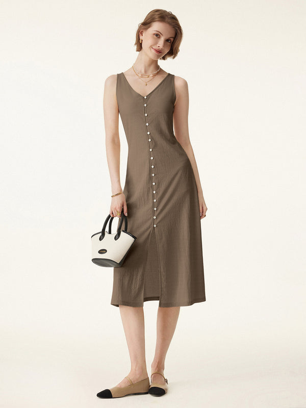 2Pcs Set V-neck Button Front Midi Vest Dress & Mid Rise Straight Leg Pant