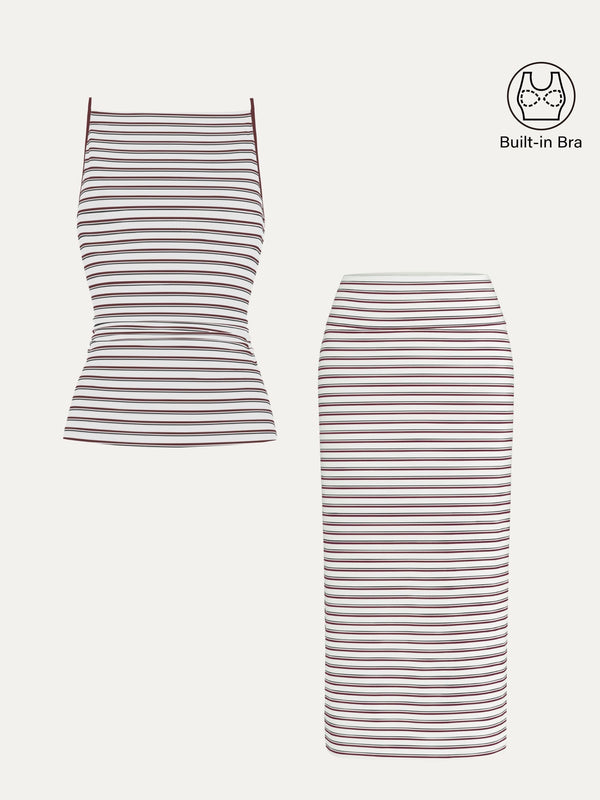 2Pcs Set Striped Spaghetti Bra Top & Low Rise Striped Midi Skirt