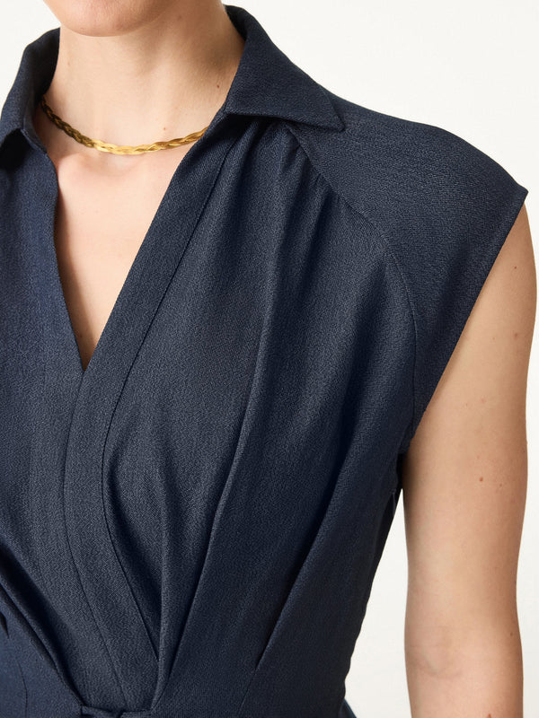 Viscose-Linen Collared V-neck Midi Dress with Drawstring