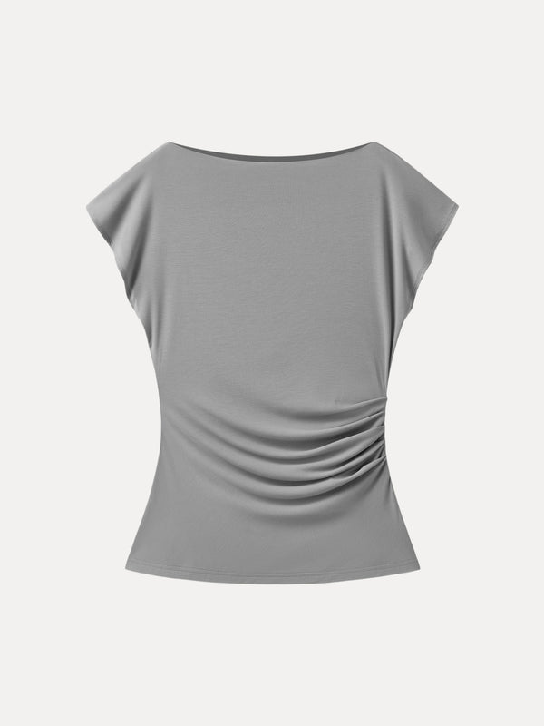 Boatneck Flutter Sleeve Side Tucked Long Tee