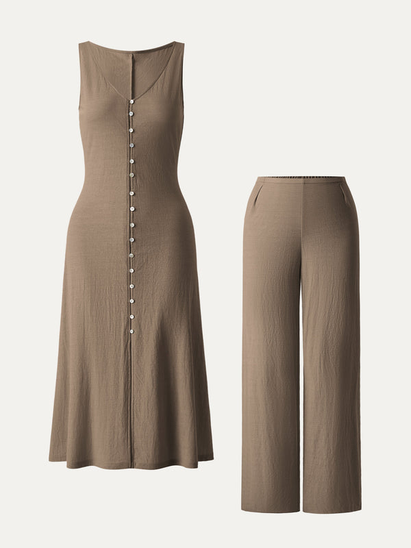 2Pcs Set V-neck Button Front Midi Vest Dress & Mid Rise Straight Leg Pant