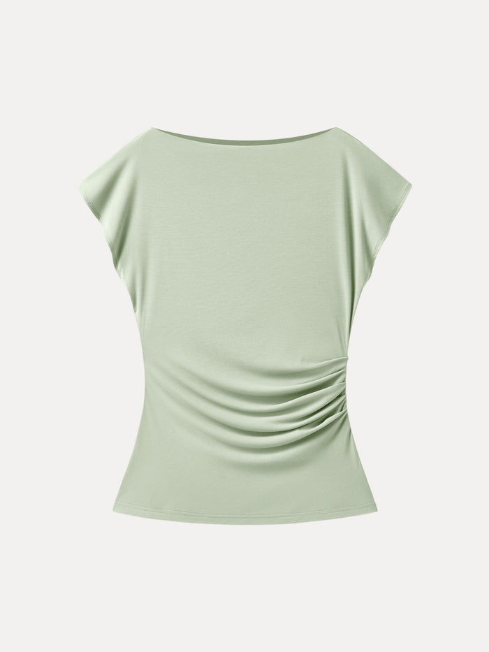 Boatneck Flutter Sleeve Side Tucked Long Tee