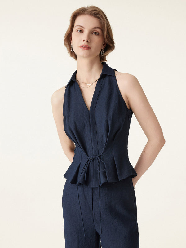 Collared V-neck Pleated Sleeveless Top with Drawstring