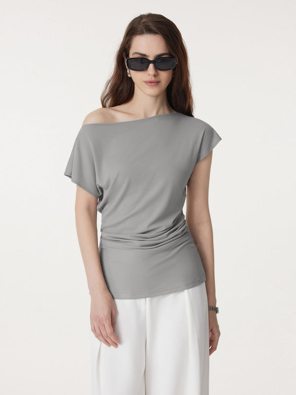 Boatneck Flutter Sleeve Side Tucked Long Tee