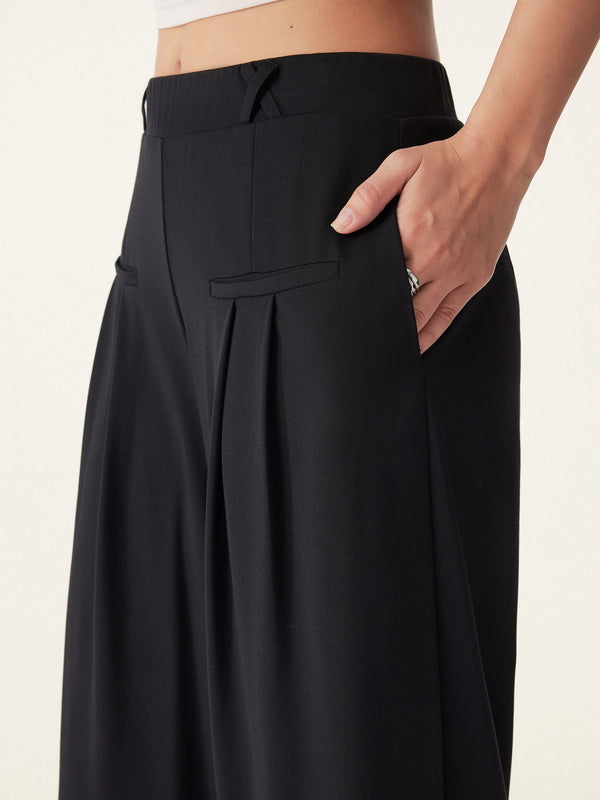 Drapey Bamboo Ponte Mid Rise Wide Leg Trouser with Pockets